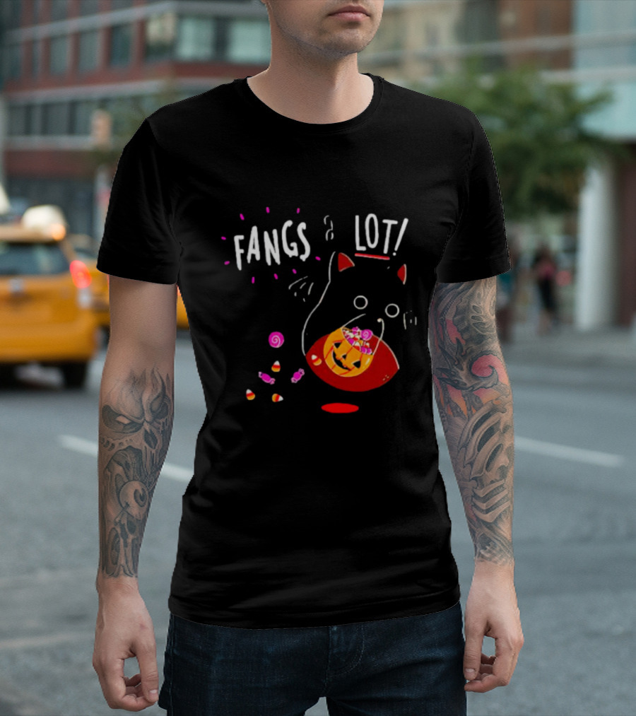 Ghost Cat Fangs a Lot Trick or Treat Halloween Candy T-Shirt