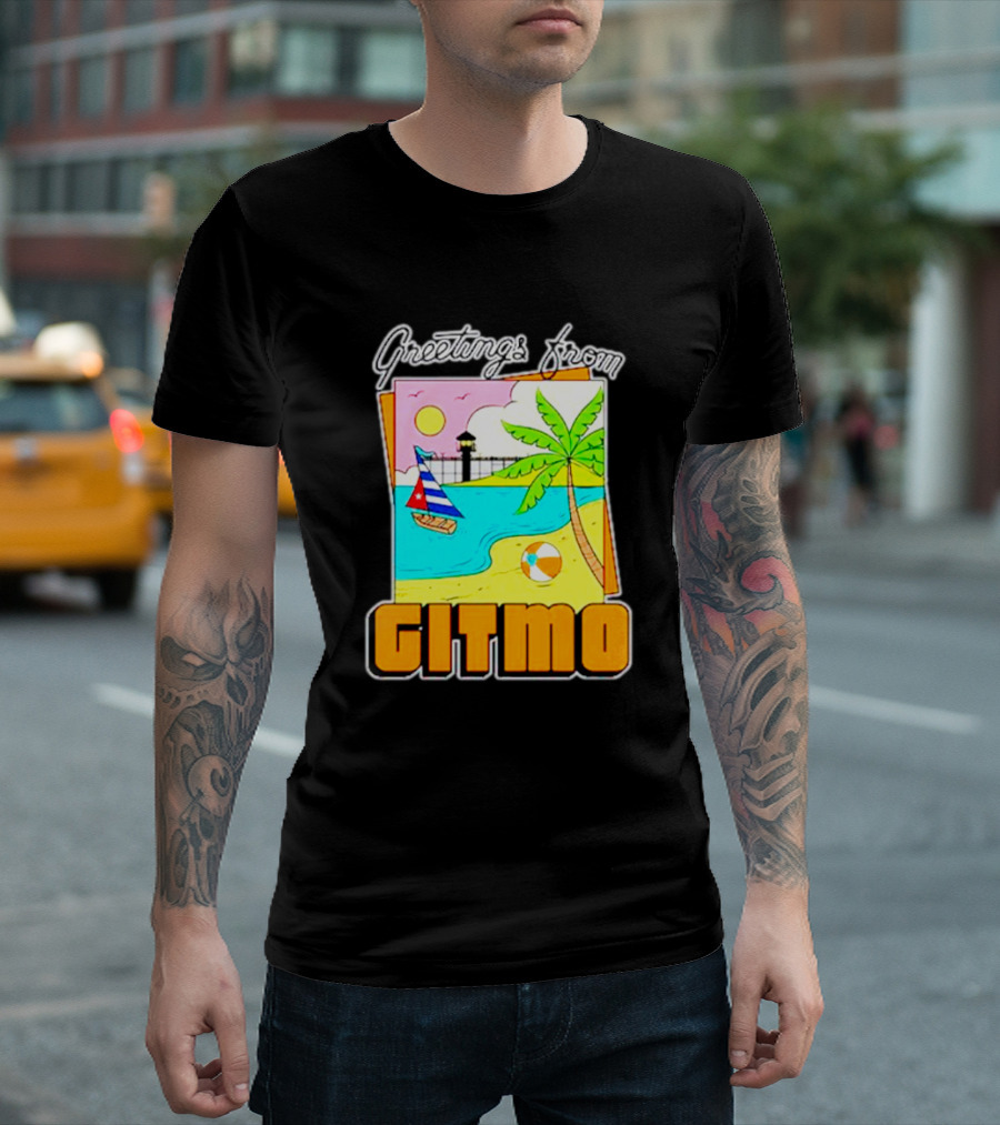 Greetings from Gitmo Beach Paradise with Sailboat and Palm Tree T-Shirt