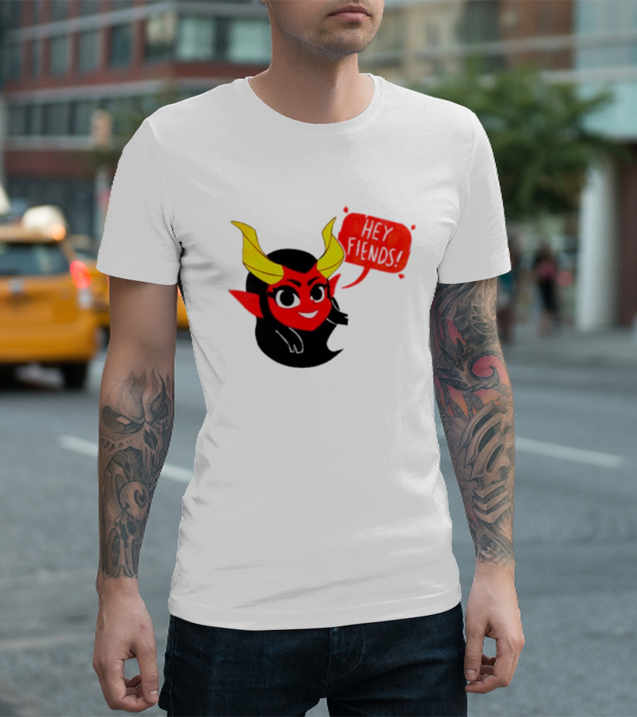 Ginnydi Hey Fiends Demon Cartoon Character with Red Face Yellow Horns and Black Hair T-Shirt