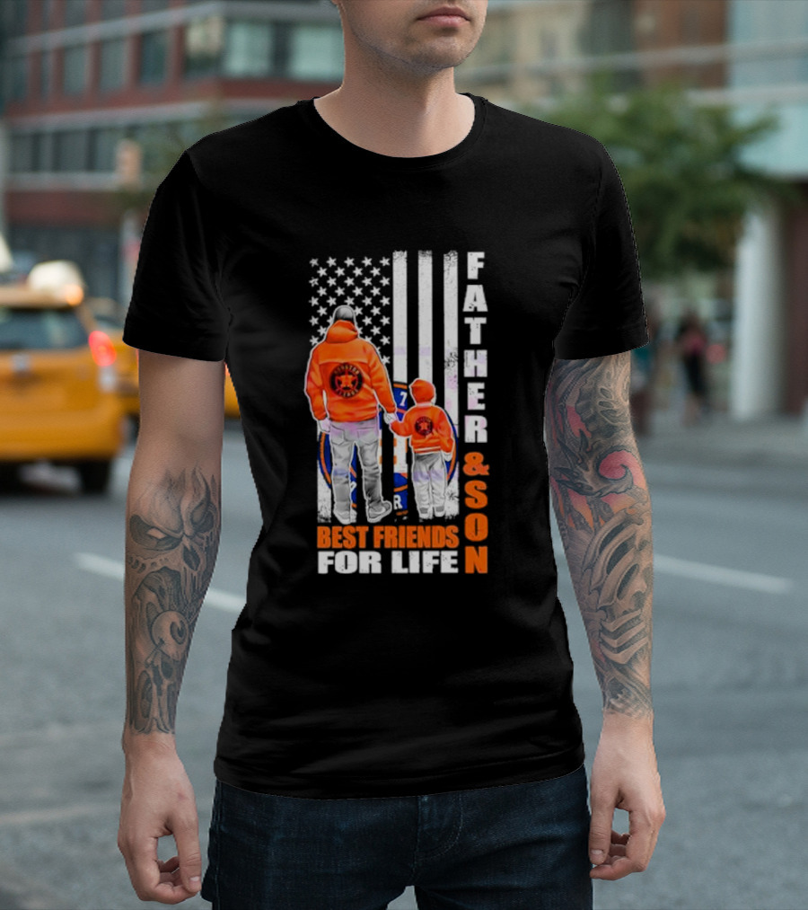 Houston Astros Father Son Best Friends for Life USA Flag T-Shirt