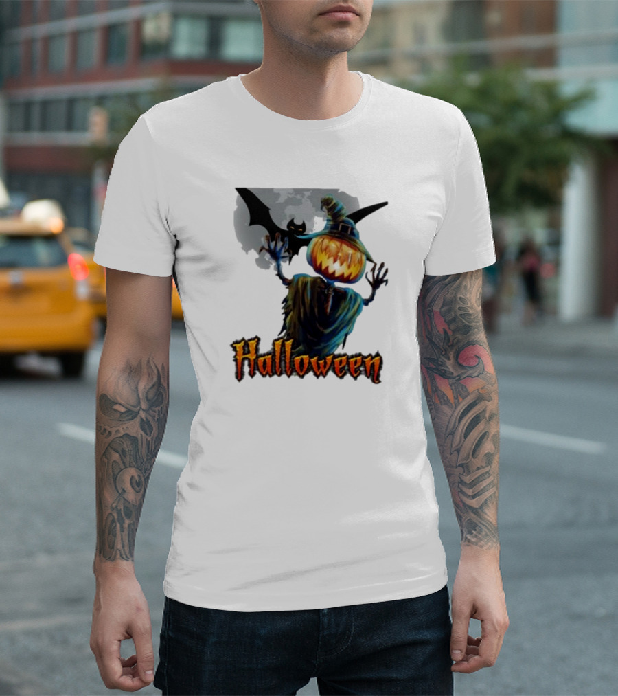 Halloween Horror Witch Straw Man Pumpkins Bat Scary Night T-Shirt