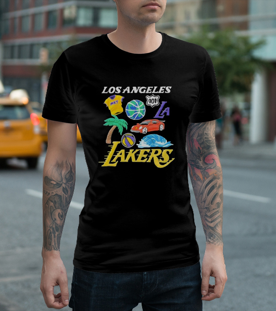 Los Angeles Lakers NBA MKT 101 Claymation LA Basketball Car Palm Wave T-Shirt