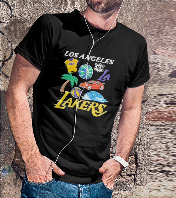 Los Angeles Lakers NBA MKT 101 Claymation LA Basketball Car Palm Wave T-Shirt