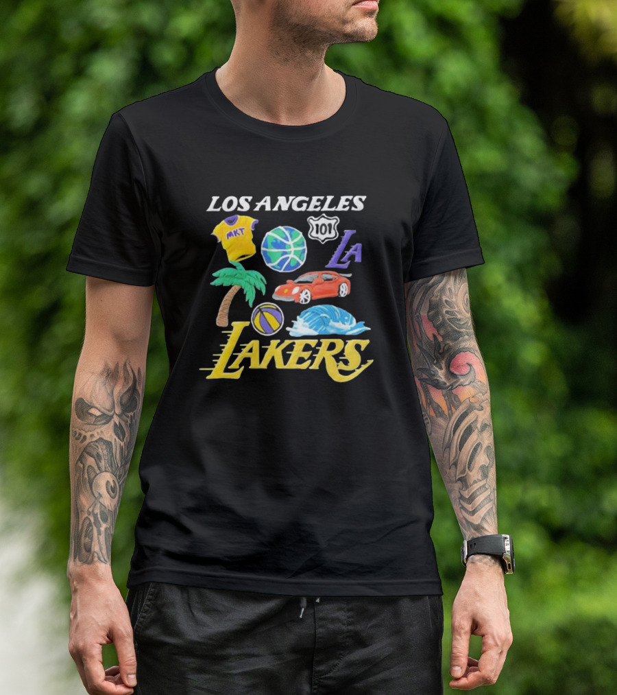 Los Angeles Lakers NBA MKT 101 Claymation LA Basketball Car Palm Wave T-Shirt