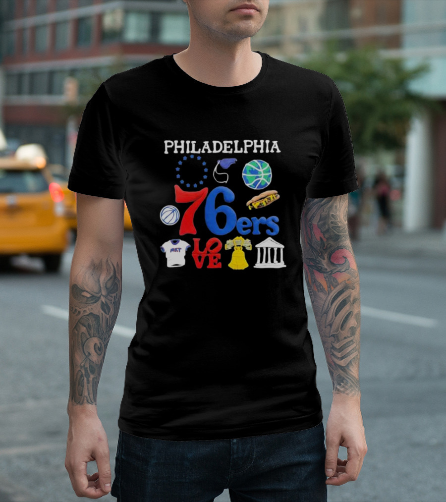 Philadelphia 76ers NBA Market Claymation Love Basketball Hotdog Liberty Bell Federal Building T-Shirt