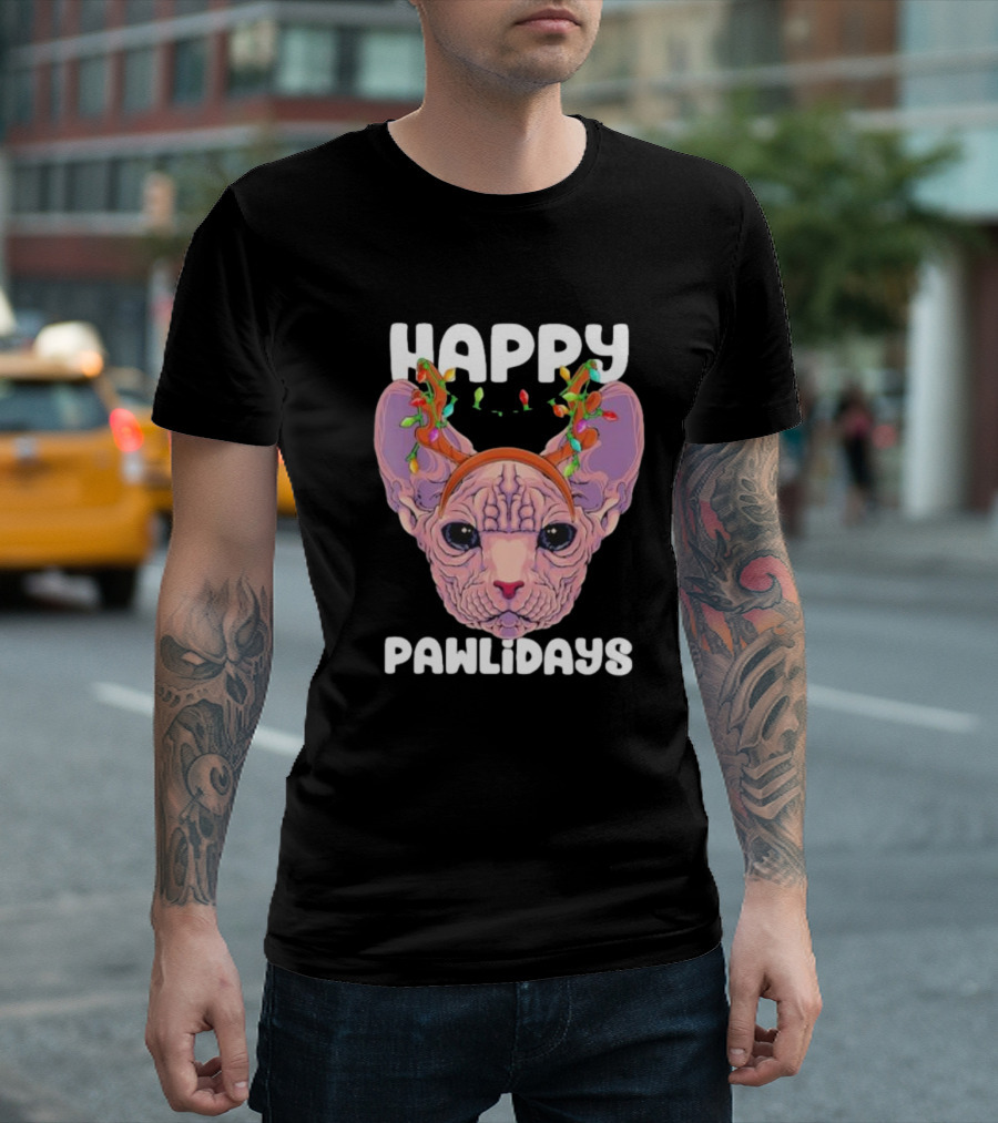Happy Pawlidays Sphynx Cat with Christmas Lights T-Shirt