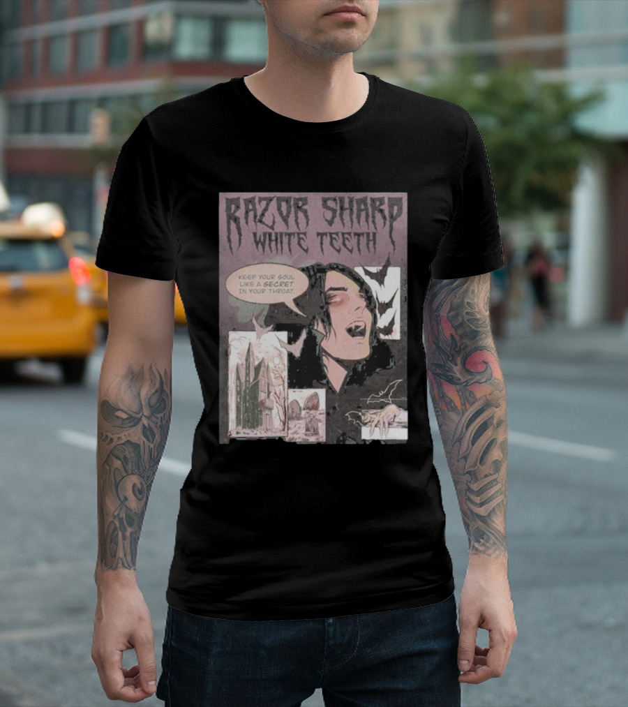 Razor Sharp White Teeth Keep Your Soul Like a Secret In Your Throat Vampires Comic Panel with Gothic T-Shirt