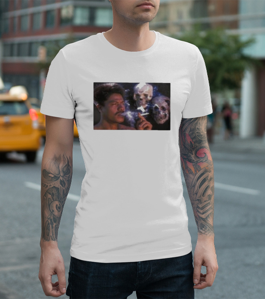 Cigarette Smoking with Spooky Skull Images and Man T-Shirt