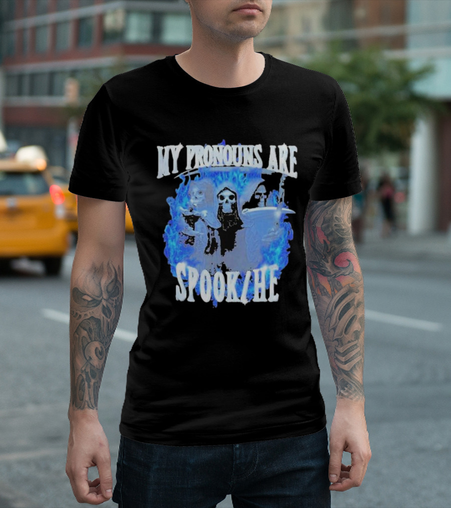 My Pronouns Are Spook He Blue Flames Grim Reaper Trio T-Shirt