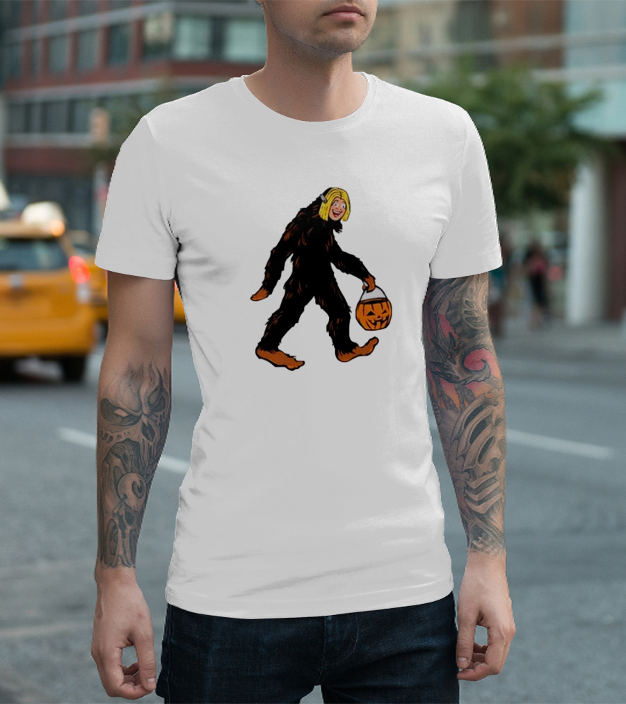 Mystical Halloween Sasquatch Holding Pumpkin Bucket Spooky Costume T-Shirt