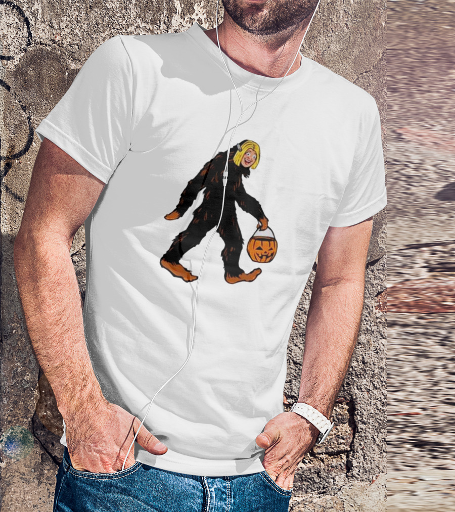 Mystical Halloween Sasquatch Holding Pumpkin Bucket Spooky Costume T-Shirt