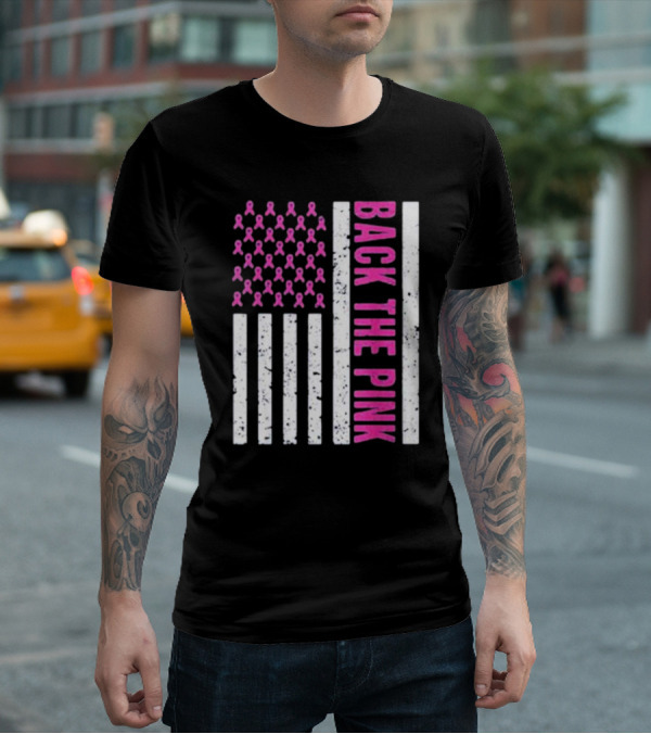 Back The Pink Breast Cancer Awareness American Flag Ribbons T-Shirt