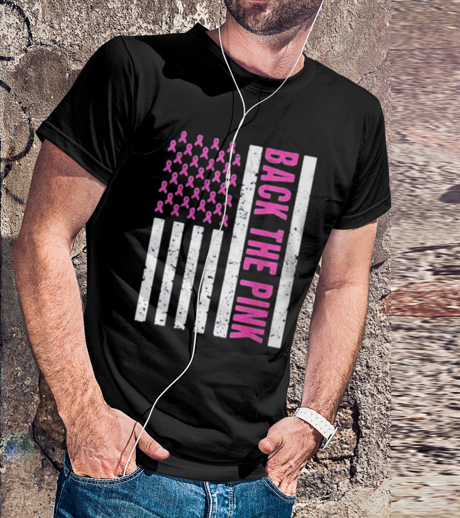 Back The Pink Breast Cancer Awareness American Flag Ribbons T-Shirt