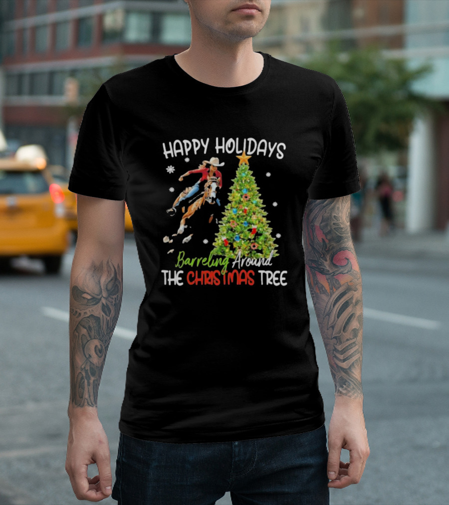 Happy Holidays Cowgirl Barrel Racing Around the Christmas Tree T-Shirt