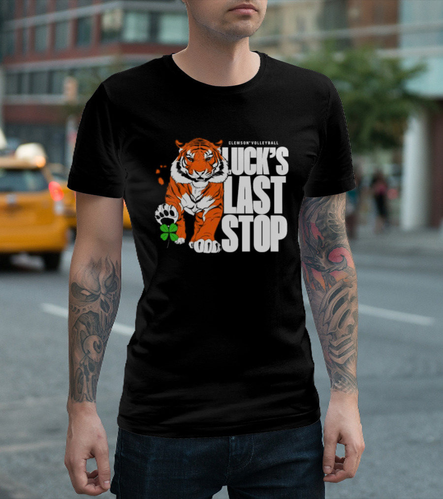 Clemson Volleyball Tiger Luck's Last Stop Tiger Paw with Clover T-Shirt