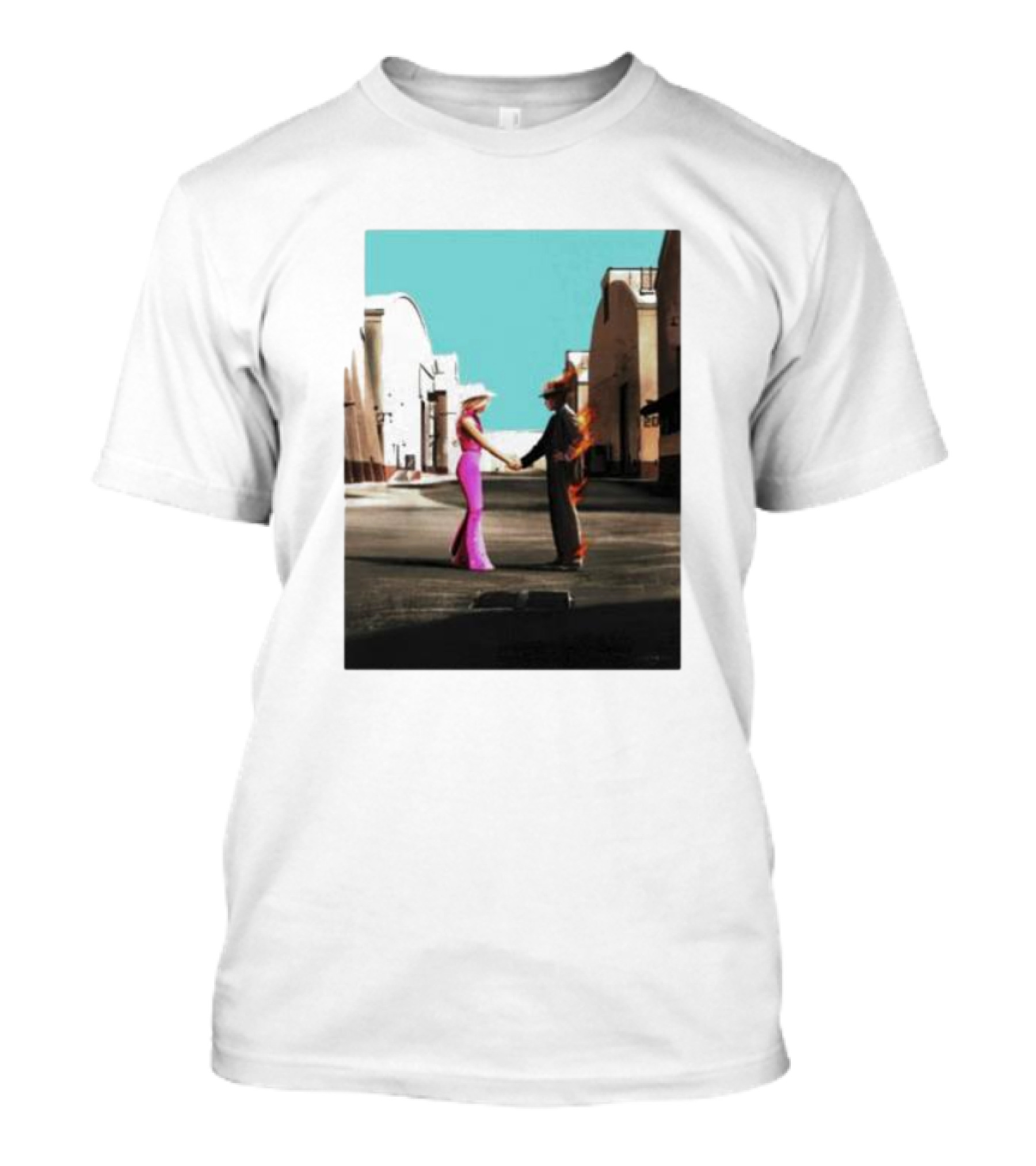 Barbenheimer Picture Woman In Pink And Flaming Figure In Studio Setting T-Shirt