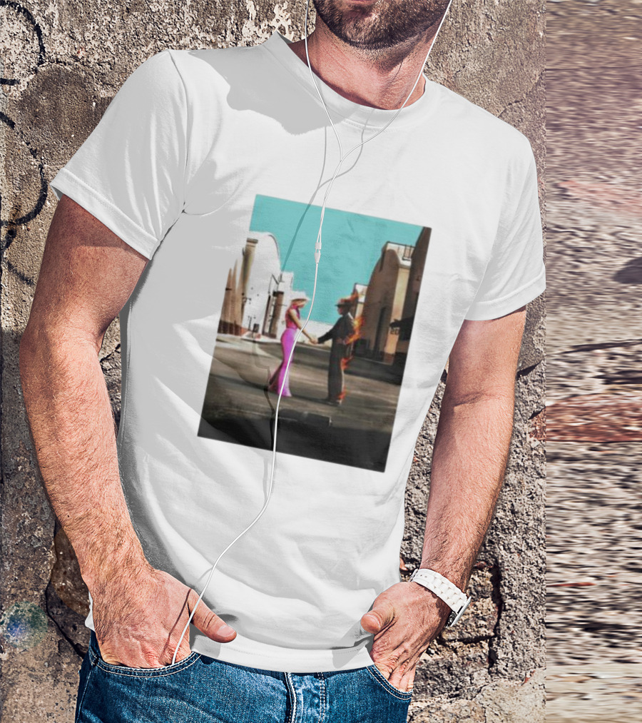 Barbenheimer Picture Woman In Pink And Flaming Figure In Studio Setting T-Shirt