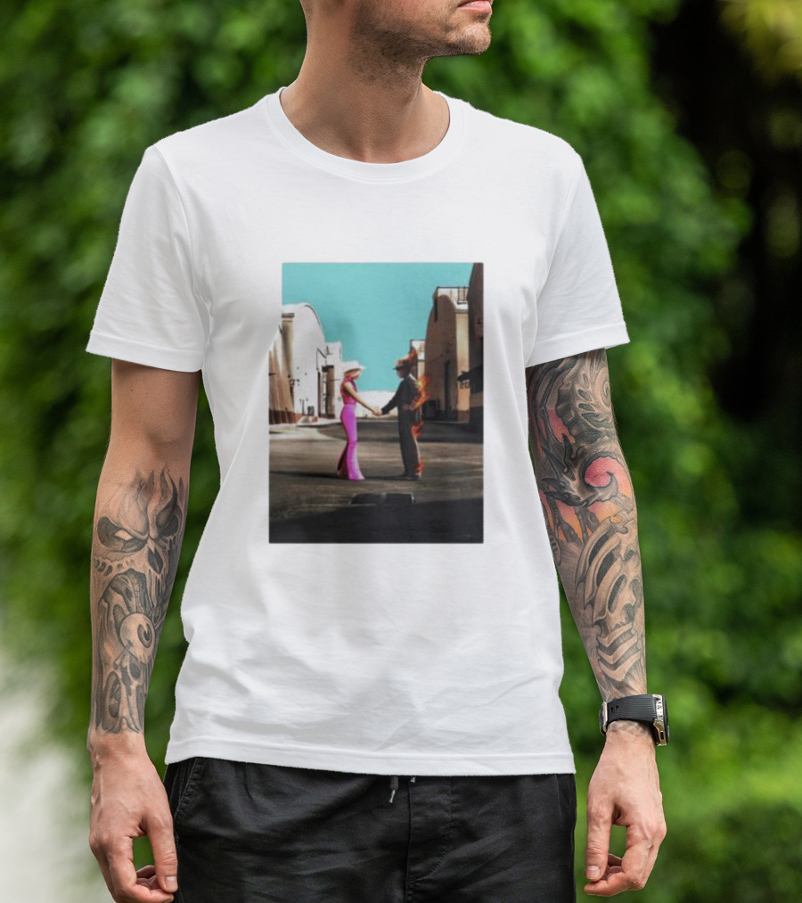 Barbenheimer Picture Woman In Pink And Flaming Figure In Studio Setting T-Shirt