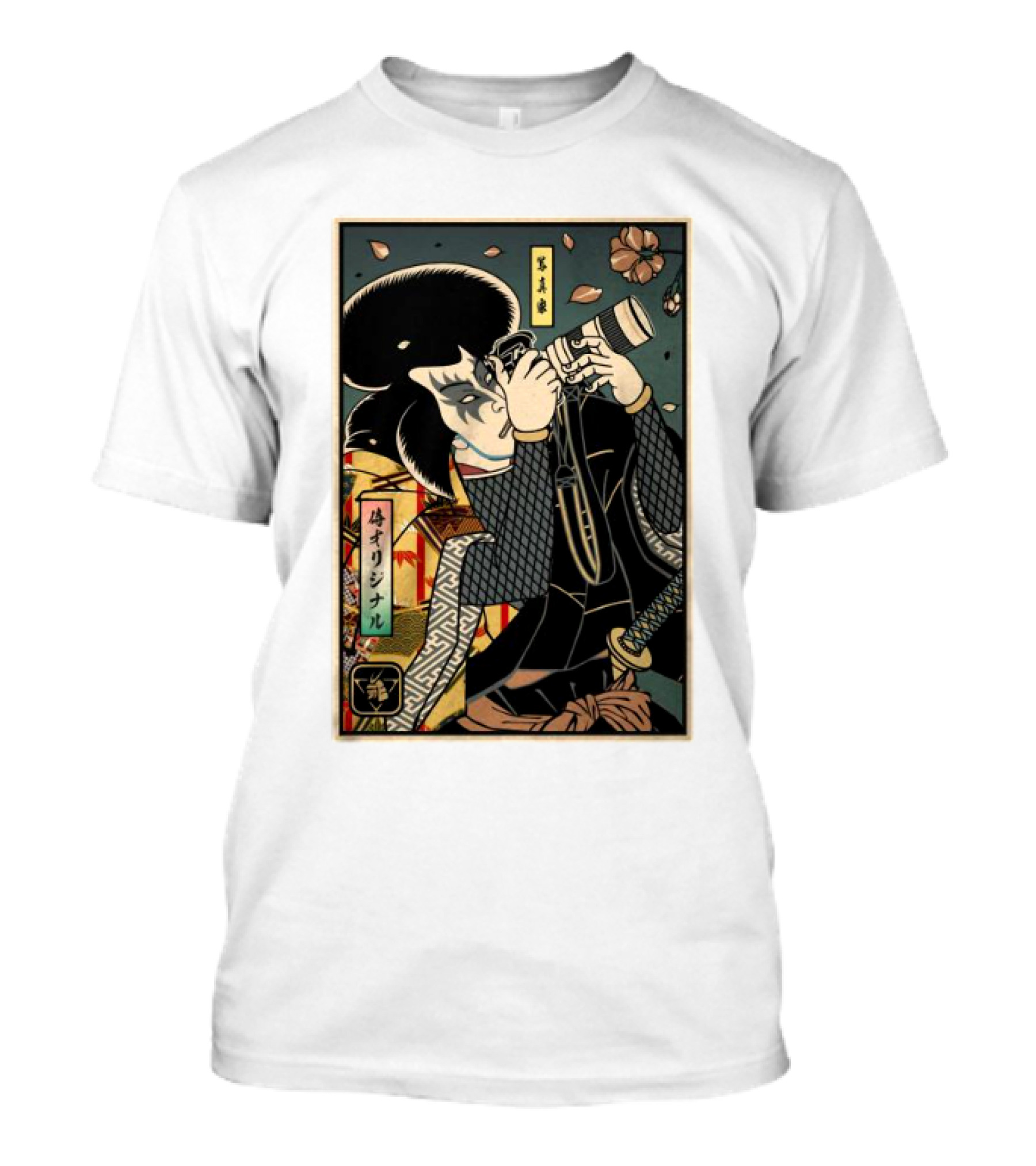 Samurai Ukiyo-e Style Photographer With Katana And Cherry Blossoms T-Shirt