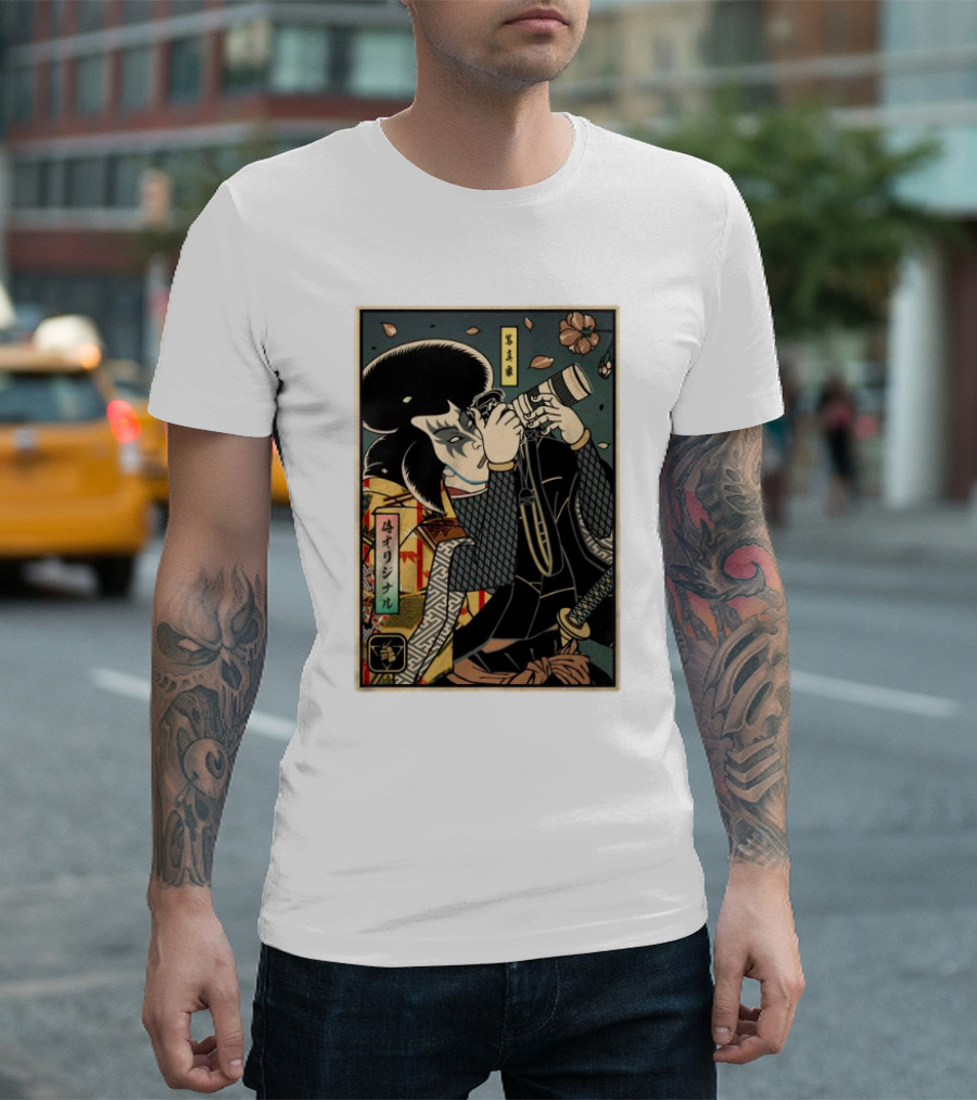 Samurai Ukiyo-e Style Photographer With Katana And Cherry Blossoms T-Shirt