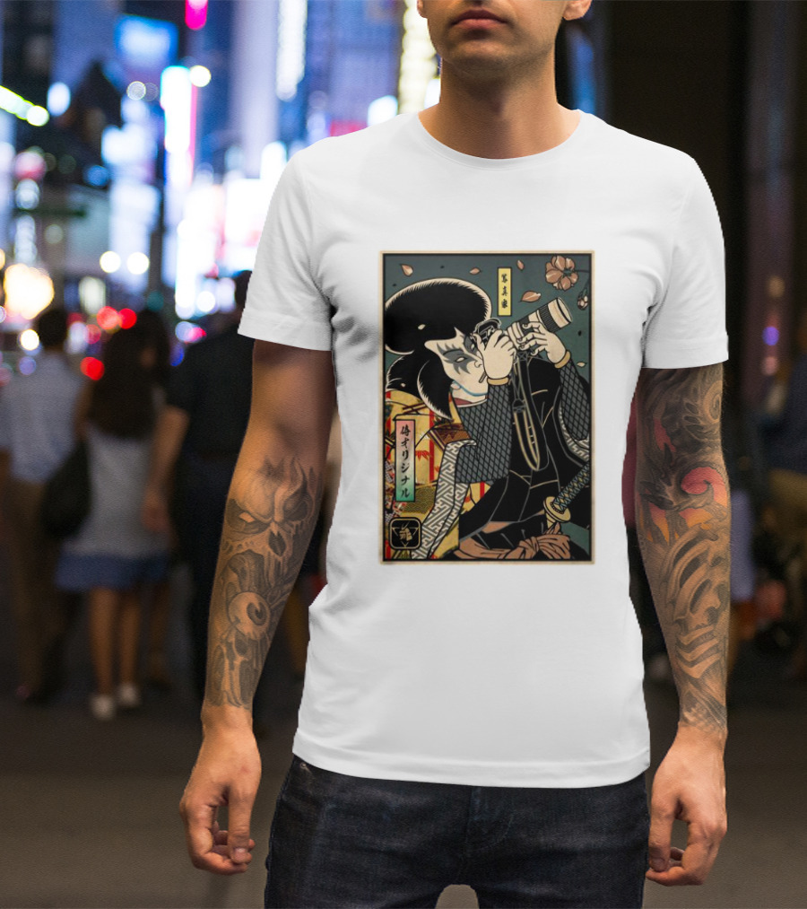 Samurai Ukiyo-e Style Photographer With Katana And Cherry Blossoms T-Shirt