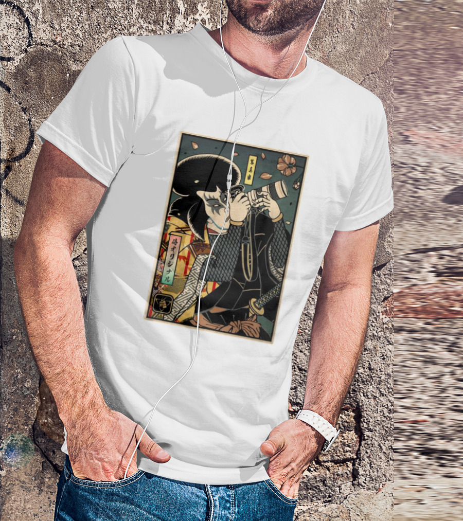 Samurai Ukiyo-e Style Photographer With Katana And Cherry Blossoms T-Shirt