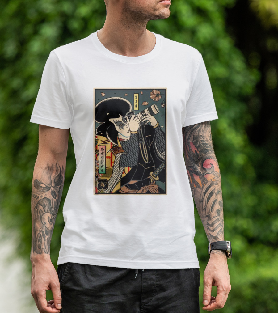 Samurai Ukiyo-e Style Photographer With Katana And Cherry Blossoms T-Shirt