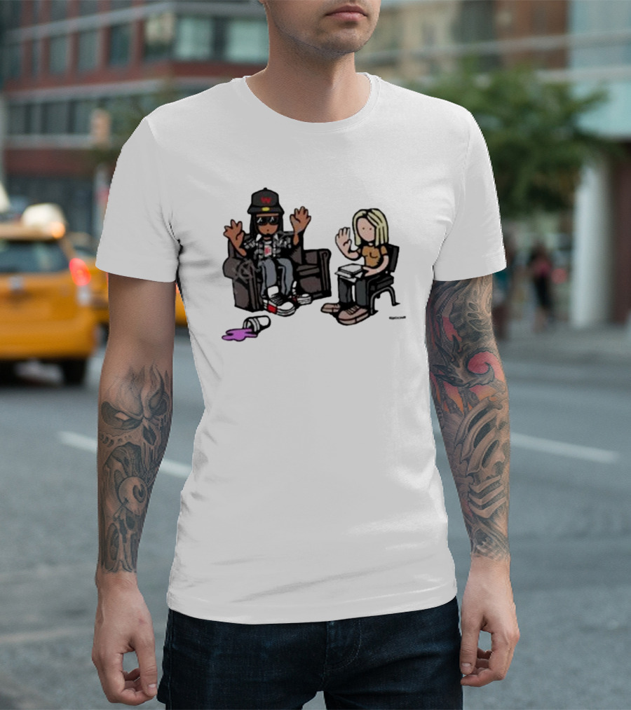 Cartoon Lil Wayne Interview Scene with Spilled Cup T-Shirt