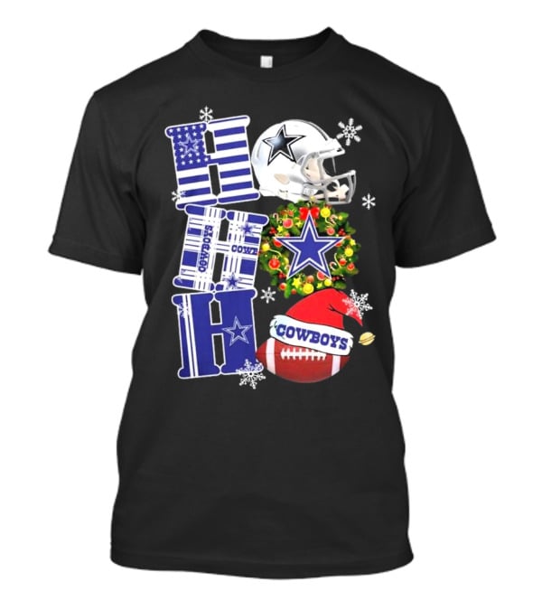 Dallas Cowboys Ho Ho Ho Merry Christmas Football Helmet Wreath Snowflakes T-Shirt