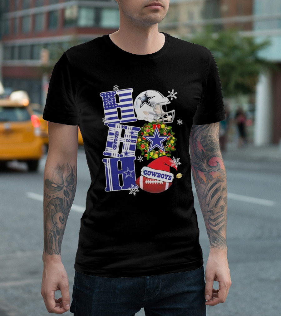 Dallas Cowboys Ho Ho Ho Merry Christmas Football Helmet Wreath Snowflakes T-Shirt