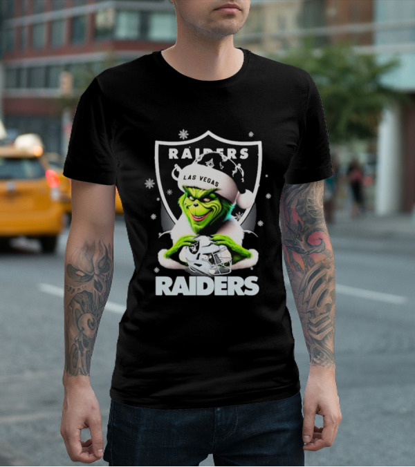 Las Vegas Raiders Grinch Santa Merry Christmas Snowflakes T-Shirt
