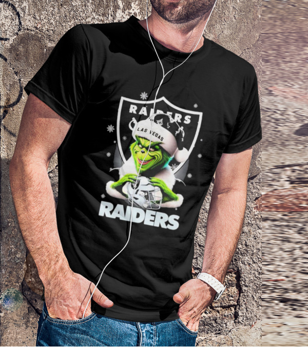 Las Vegas Raiders Grinch Santa Merry Christmas Snowflakes T-Shirt