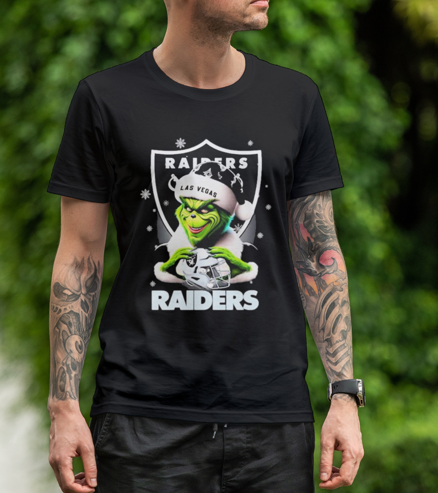 Las Vegas Raiders Grinch Santa Merry Christmas Snowflakes T-Shirt