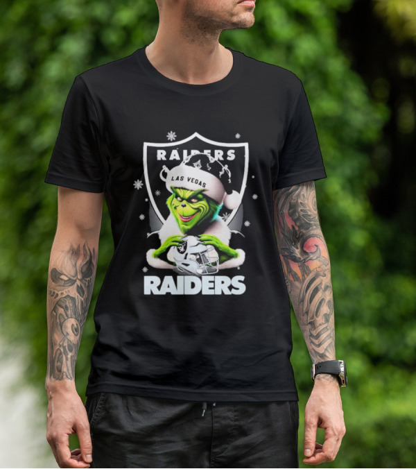 Las Vegas Raiders Grinch Santa Merry Christmas Snowflakes T-Shirt