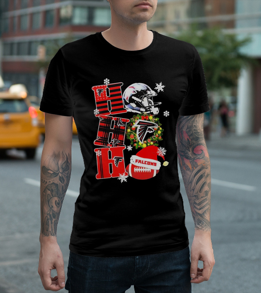 Atlanta Falcons Ho Ho Ho Merry Christmas Helmet Wreath Snowflakes Football Holiday T-Shirt