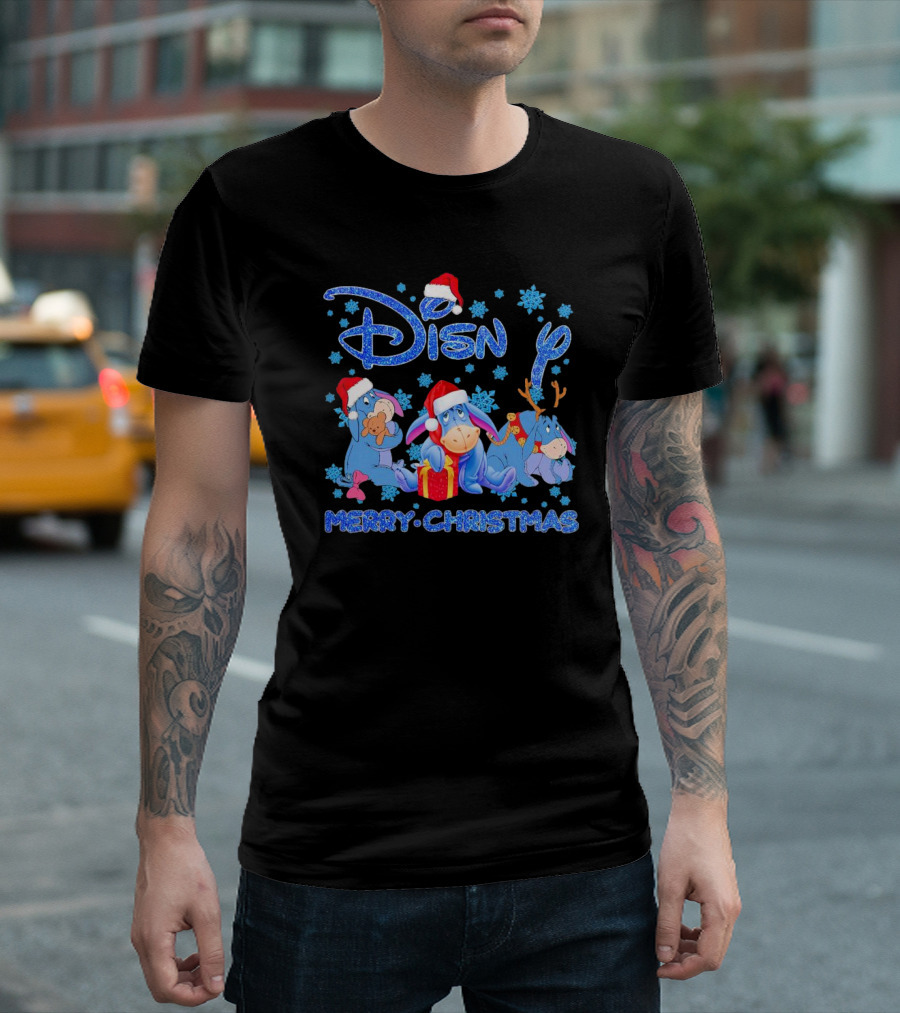 Disney Eeyore Santa Hat Winnie-the-Pooh Merry Christmas Snowflakes T-Shirt
