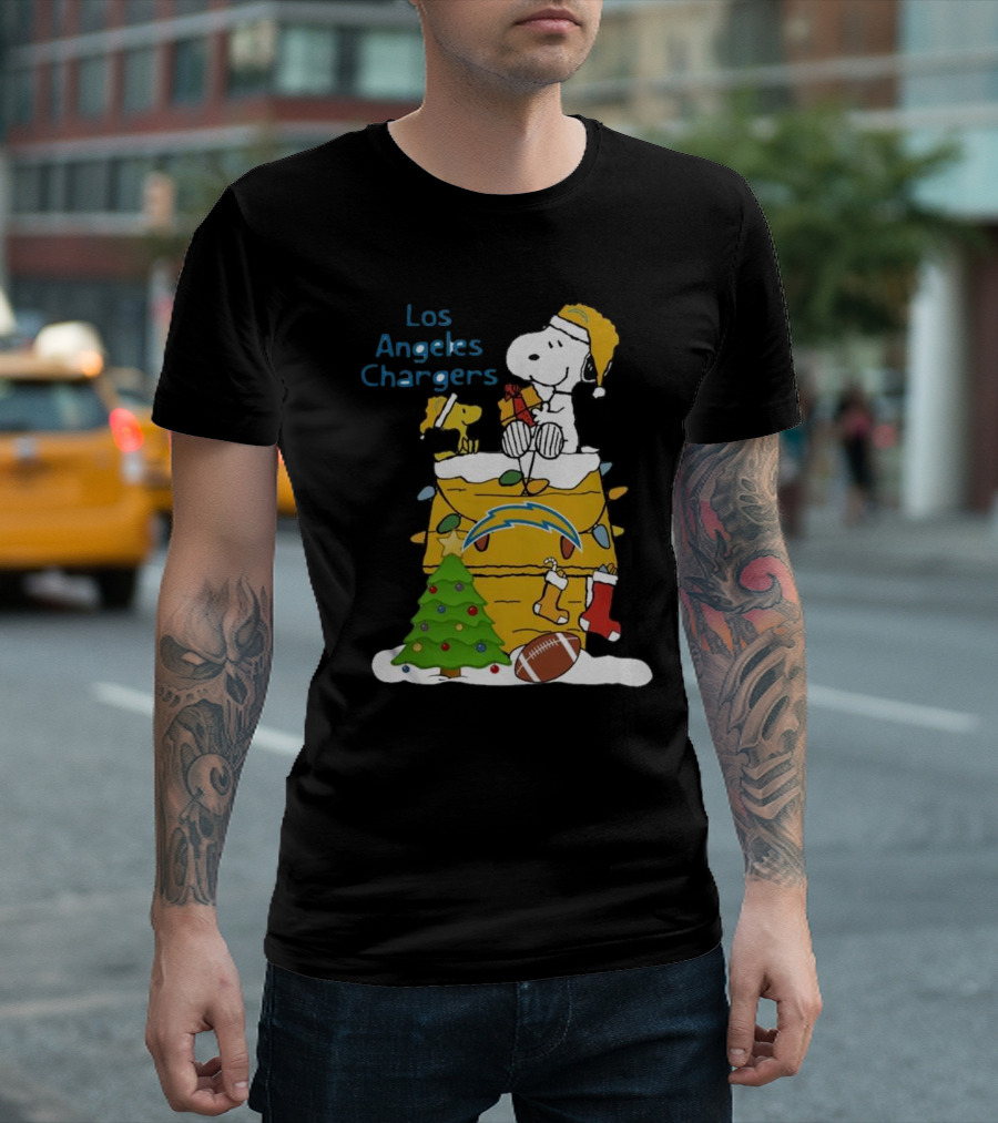 Santa Snoopy Woodstock Los Angeles Chargers Christmas Tree Football Socks T-Shirt