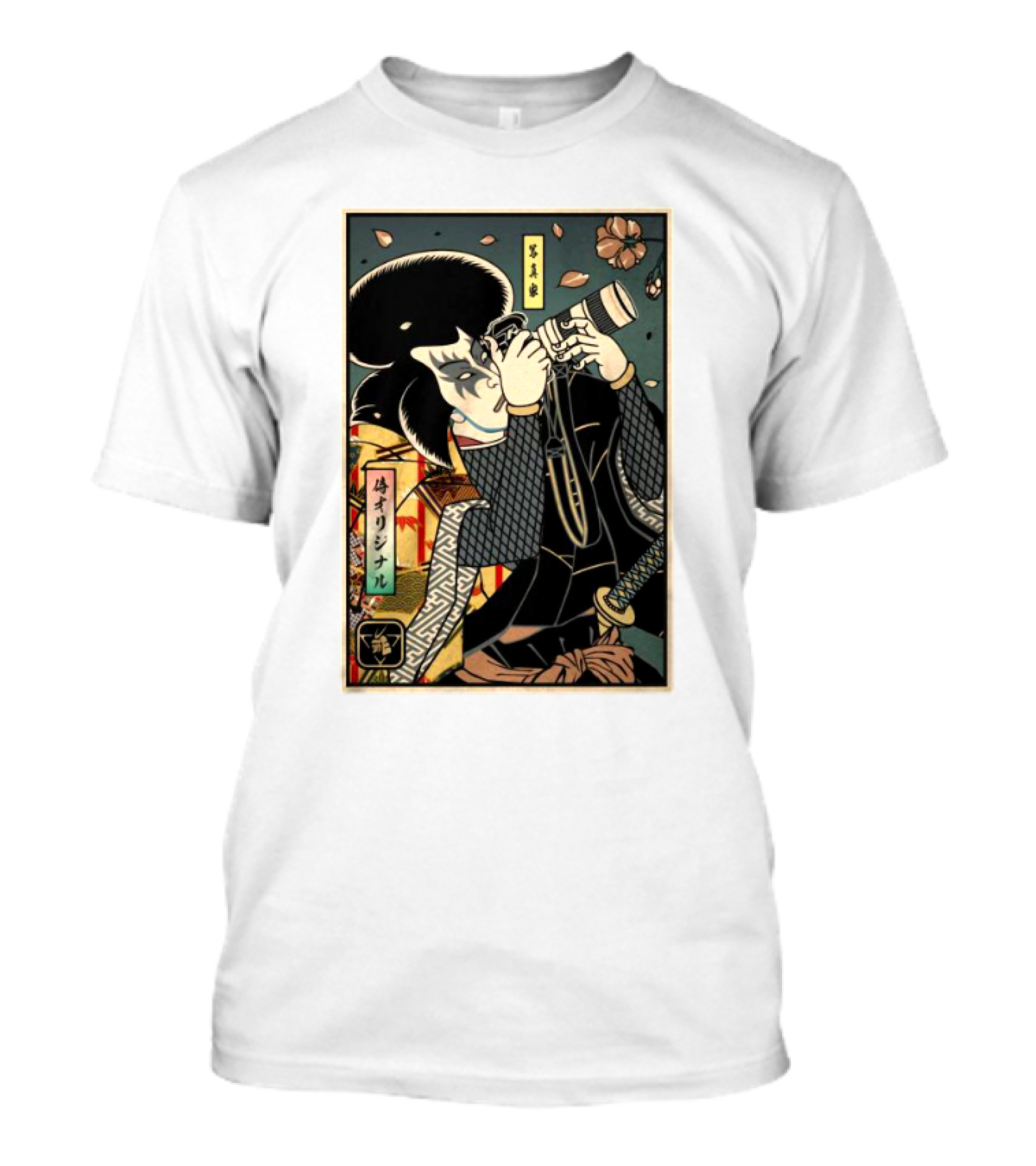 Samurai Photographer Ukiyo-e Style With Vintage Floral Elements T-Shirt