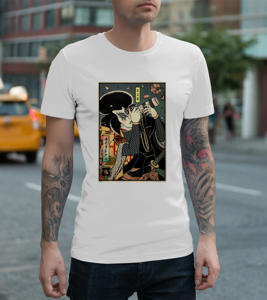 Samurai Photographer Ukiyo-e Style With Vintage Floral Elements T-Shirt