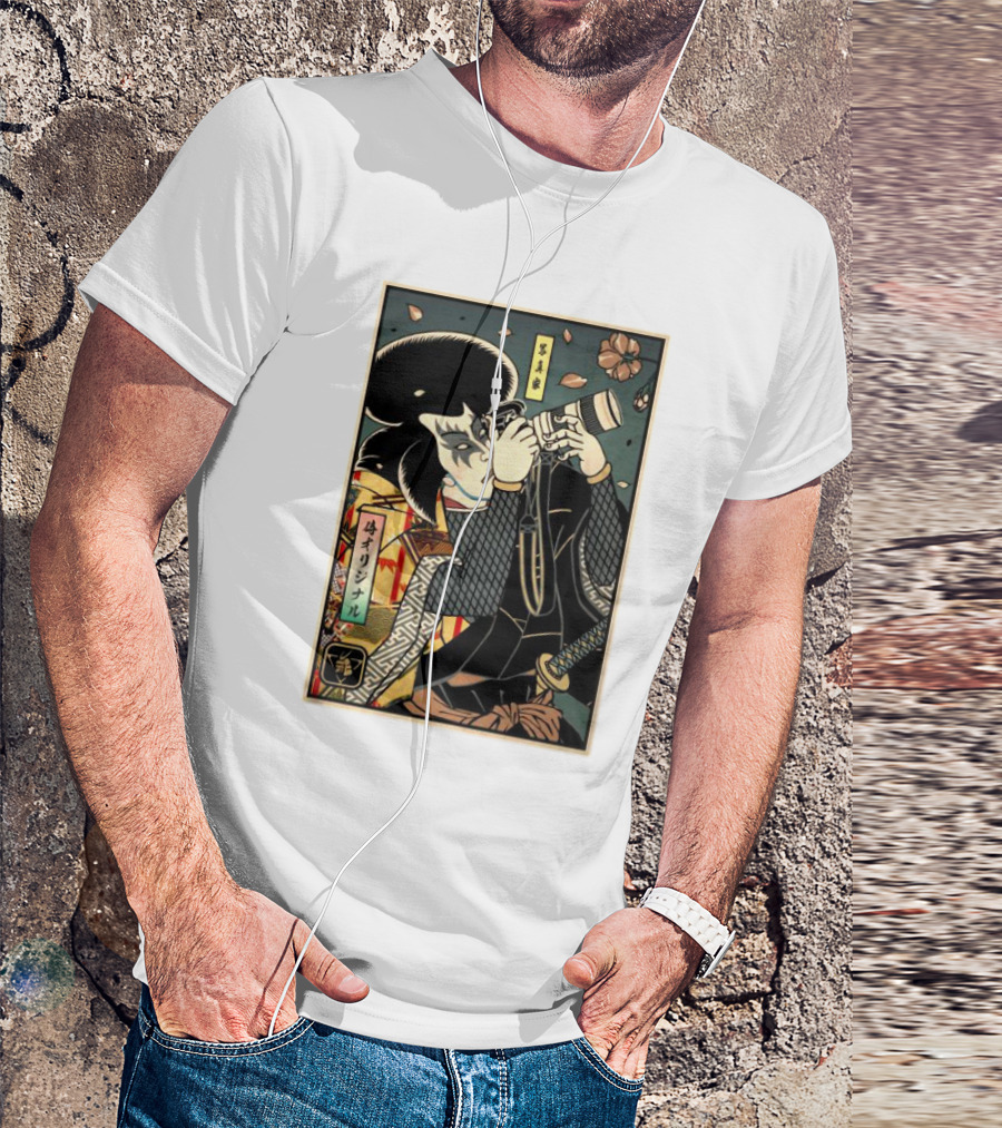 Samurai Photographer Ukiyo-e Style With Vintage Floral Elements T-Shirt