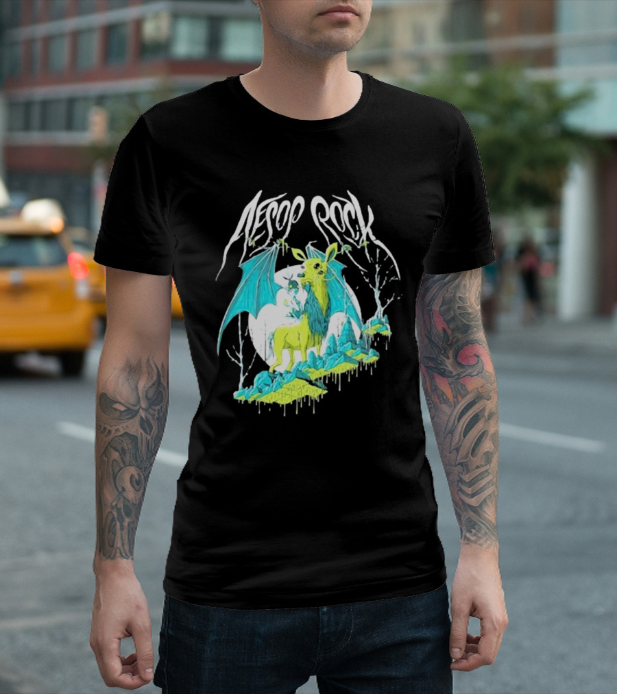 Aesop Rock Mythical Creature with Bat Wings and Moon Background T-Shirt