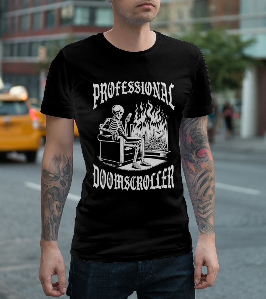 Professional Doomscroller Skeleton By Fireplace T-Shirt