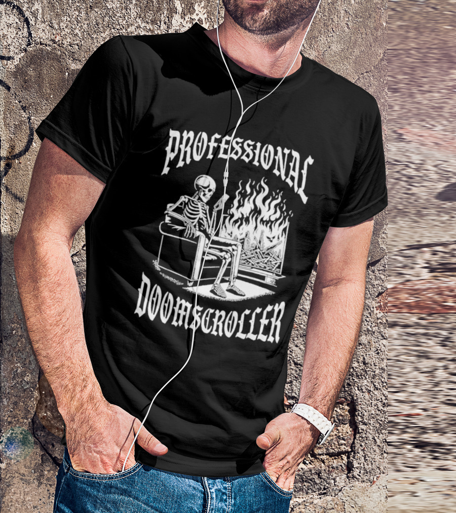 Professional Doomscroller Skeleton By Fireplace T-Shirt