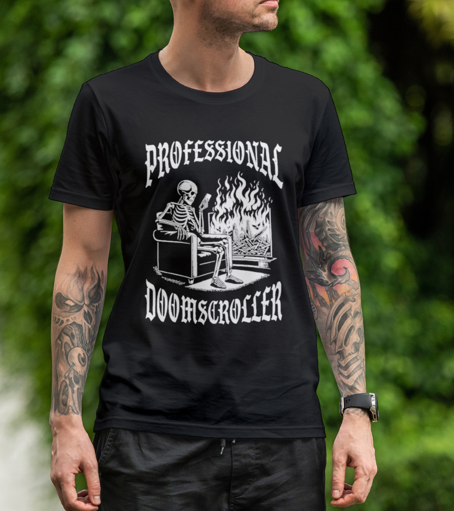 Professional Doomscroller Skeleton By Fireplace T-Shirt