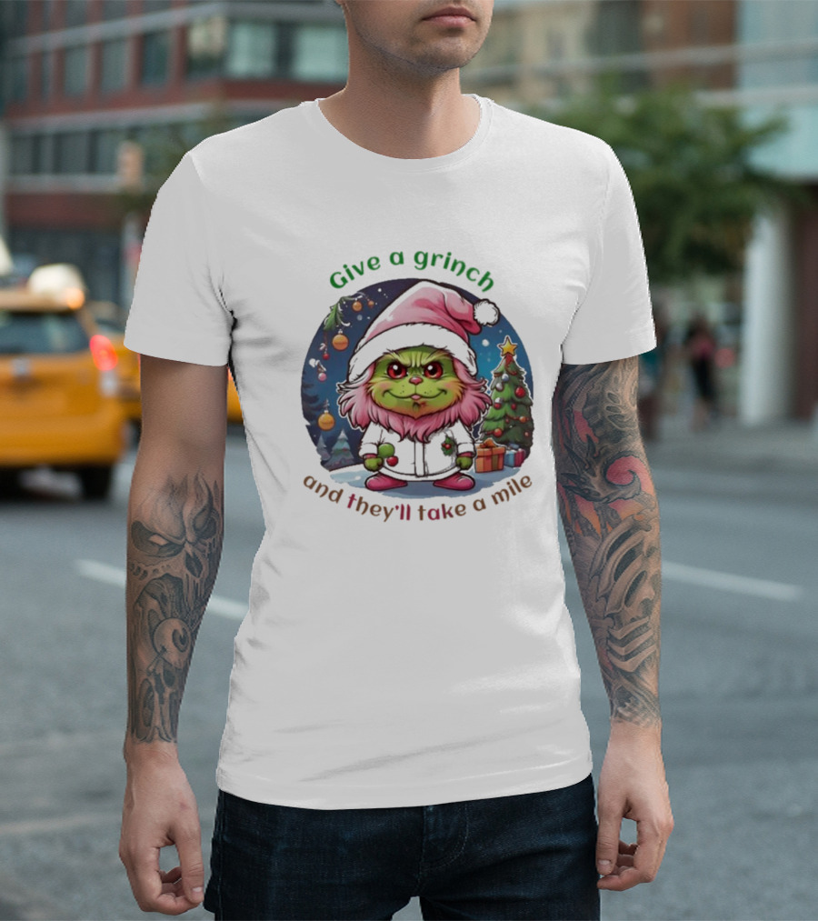Chibi Pink Grinch Christmas Scene Give A Grinch And They’ll Take A Mile T-Shirt