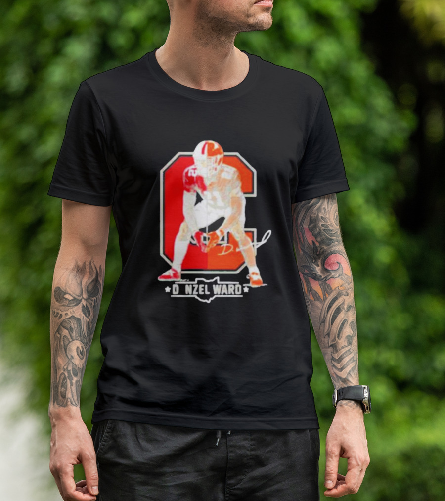 Denzel Ward Ohio Football Columbus To Cleveland Signature Orange C T-Shirt