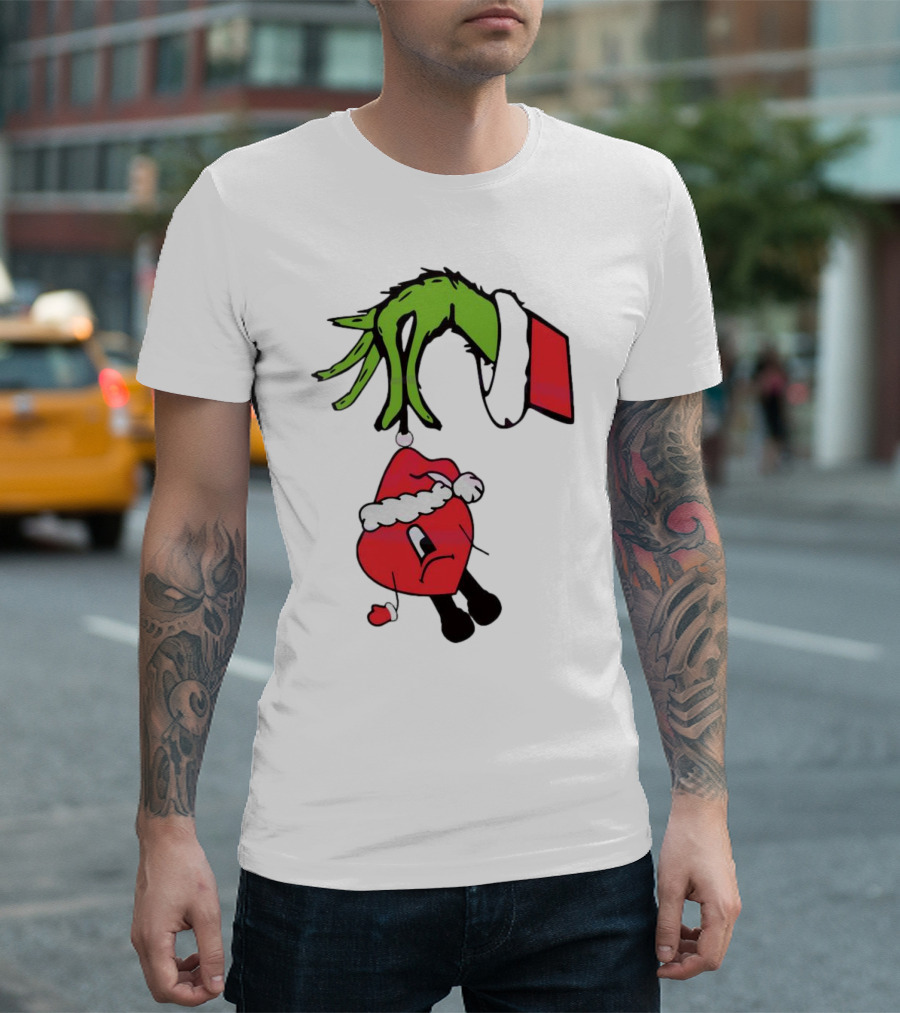 Grinch Hand Holding Santa Hat Bad Bunny Xmas T-Shirt