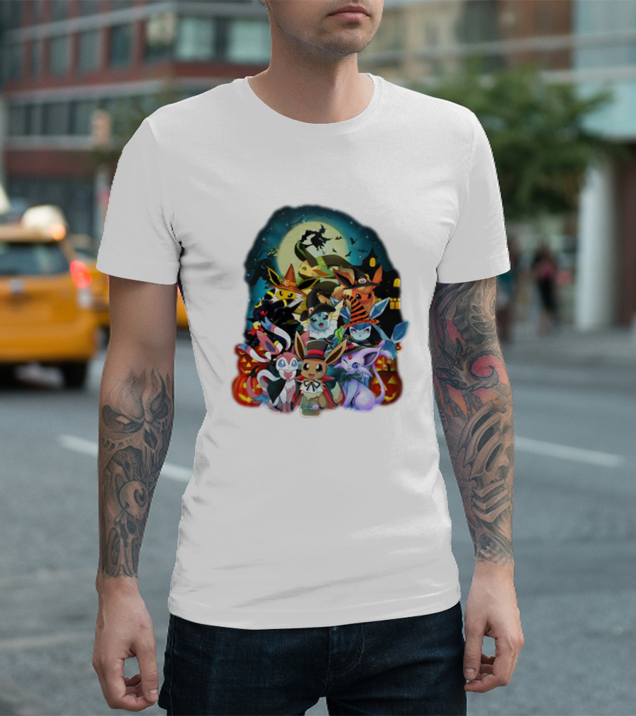 Halloween Eevee All Evolutions with Pumpkins and Witch Hat Moon Scene T-Shirt