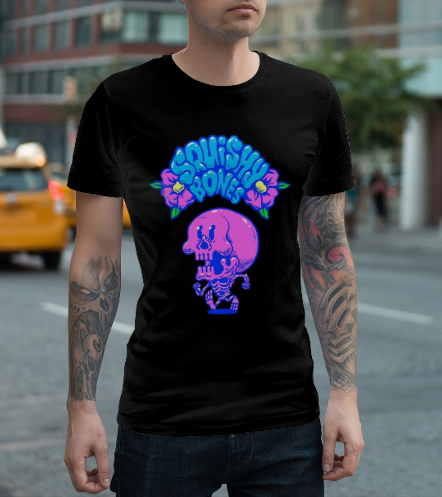 Danny Gonzalez Squishy Bones Vibrant Skull and Flowers Navy T-Shirt