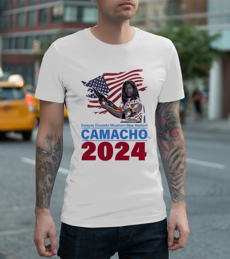 Dwayne Elizondo Mountain Dew Herbert Camacho 2024 American Flag and Gun T-Shirt
